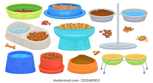 Pet meal bowl. Food containers pets treats, dog plate and cat dish with dry fodder or water, empty full bowls feed meal for animal, doggy dinner cartoon decent vector illustration