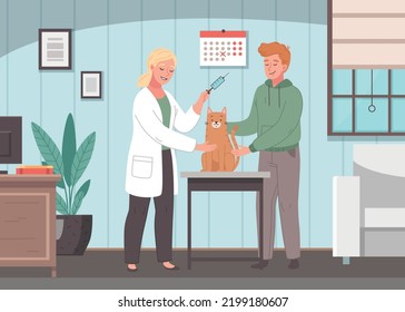 Pet Medical Care Cartoon Background With Vet Vaccinating Cat In Office Of Veterinary Clinic Flat Vector Illustration