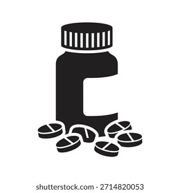 Icono de Vector negro sólido de las píldoras de la botella de la medicina del animal doméstico aislado fondo blanco de la medicina veterinaria ilustración del diseño del símbolo de la salud de la vitamina