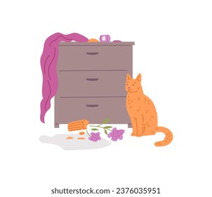 Pet mess, broken vase, scattered things over dresser. Cat sitting near knocked over flower, damaged curtain and chaos on chest of drawers. Disorder made by domestic feline animal vector illustration.