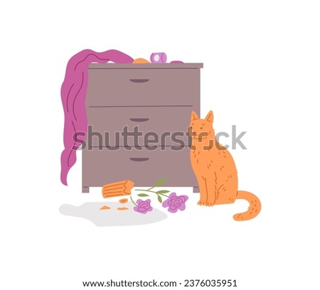 Pet mess, broken vase, scattered things over dresser. Cat sitting near knocked over flower, damaged curtain and chaos on chest of drawers. Disorder made by domestic feline animal vector illustration.