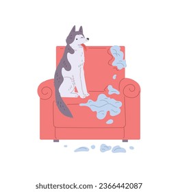 Desorden, desorden y destrucción de mascotas por perros traviesos. Sillón dañado, roto y rayado, con ropas dispersas. Dibujo vectorial de mal comportamiento canino ilustrativo de blanco. Pistola animal inaceptable