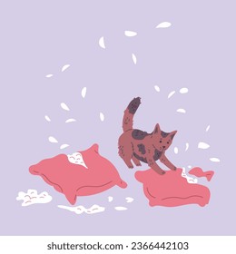 Pet mess, disorder and destruction by naughty cat. Damaged, torn and scratched two pink pillows. Down and feathers scattered everywhere. Vector cartoon illustration bad kitten behavior on lilac