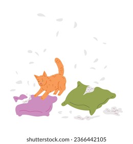 Pet mess, disorder and destruction by naughty ginger cat. Damaged, torn and scratched green and purple pillows. Down and feathers scattered everywhere. Vector cartoon illustration bad feline behavior