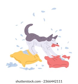 Pet mess, disorder and destruction by naughty dog. Damaged, torn and scratched two pillows. Down and feathers scattered everywhere. Vector cartoon bad canine behavior illustration on white