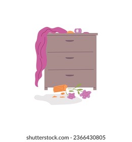 Pet mess, overturned broken vase of flowers and a curtain on chest of drawers. Chaos house, clutter, disorder from play cat or dog vector cartoon illustration. Wardrobe with overturned things