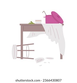 Pet mess, overturned chair, broken plate in dining room. Dining table with pan and torn tablecloth. Chaos house, clutter, disorder from play cat or dog vector cartoon illustration isolated on white