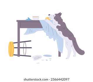 Pet mess, overturned chair, broken plate from dining table and torn tablecloth. Chaos house, clutter, disorder from play naughty dog vector cartoon illustration isolated on white. Bad canine behavior