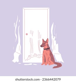 Pet mess in a room, disorder and destruction by naughty brown shepherd dog. Damaged white door, torn and scratched wallpaper. Vector cartoon illustration bad canine behavior on lilac background