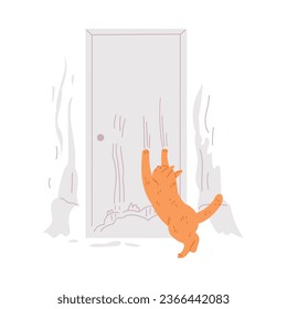 Trampa de mascotas en una habitación, desorden y destrucción por parte de ginger cat traviesos. Puerta dañada, tapicería rota y raspada. Ilustración de dibujos animados mal comportamiento de gatitos aislados en blanco