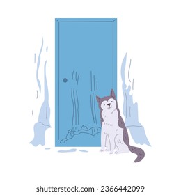 Pet mess in a room, disorder and destruction by naughty dog. Damaged blue door, torn and scratched wallpaper. Vector cartoon illustration bad gray white puppy behavior isolated on white