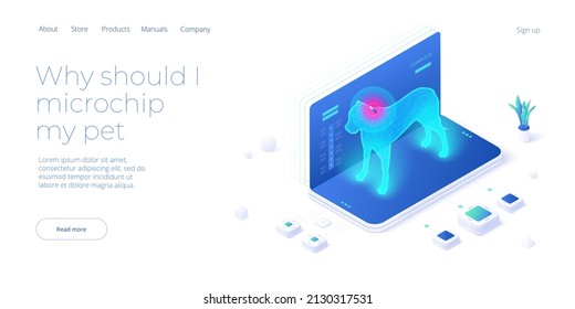 Pet microchip concept illustration in isometric vector design. Dog or animal tracking chip identification. Id implant scan technology web banner layout.