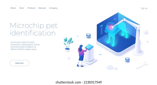 Pet microchip concept illustration in isometric vector design. Dog or animal tracking chip identification. Id implant scan technology web banner layout.