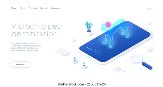 Pet microchip concept illustration in isometric vector design. Dog or animal tracking chip identification. Id implant scan technology web banner layout.