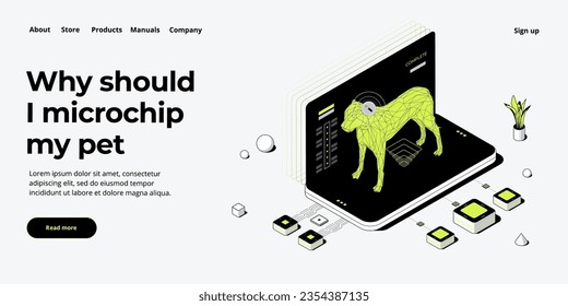 Pet microchip concept illustration in isometric vector design. Dog or animal tracking chip identification. Id implant scan technology web banner layout.