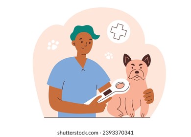 Escena de micropicado de mascotas, composición a mano con el médico veterinario y el bulldog francés, ilustración vectorial de implantar microchip para animales domésticos, identificación de perros, servicio de clínica veterinaria