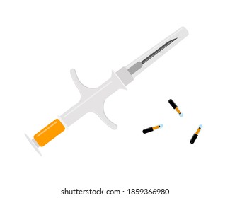 Pet microchips with syringe isolated on white background. Microchipping for dogs, cats and cattle. Animals permanent identification, ID, RFID technology. Vector flat illustration.