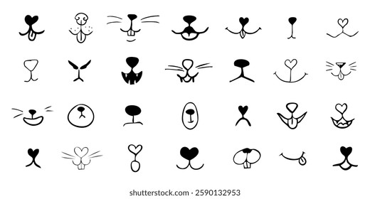 Pet mouth comic cute line doodle drawing. Set lips, noses and whiskers animal characters. Funny heart nose, hand drawn faces.