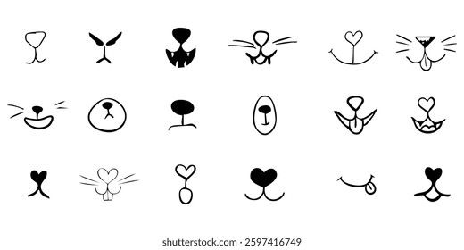 Pet mouth comic cute line doodle drawing. Set lips, noses and whiskers animal characters. Funny heart nose, hand drawn faces.