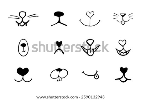 Pet mouth comic cute line doodle drawing. Set lips, noses and whiskers animal characters. Funny heart nose, hand drawn faces.