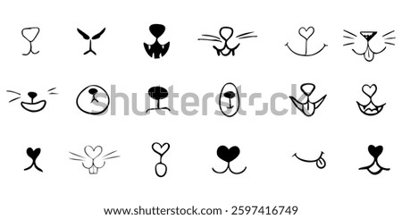 Pet mouth comic cute line doodle drawing. Set lips, noses and whiskers animal characters. Funny heart nose, hand drawn faces.