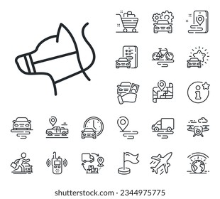 Pet in muzzle sign. Plane, supply chain and place location outline icons. Dog on leash line icon. Animal aggression control symbol. Dog leash line sign. Taxi transport, rent a bike icon. Vector