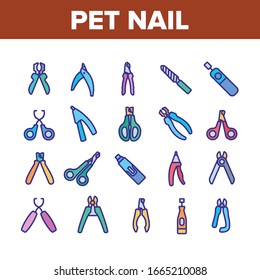 Pet Nail Clippers Collection Icons Set Vector. Cutting Pet Nail Scissors Accessory, Metallic Bottle Spray, Manicure Cut Tool Concept Linear Pictograms. Color Contour Illustrations