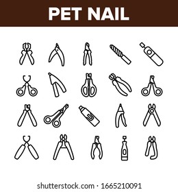Pet Nail Clippers Collection Icons Set Vector. Cutting Pet Nail Scissors Accessory, Metallic Bottle Spray, Manicure Cut Tool Concept Linear Pictograms. Monochrome Contour Illustrations