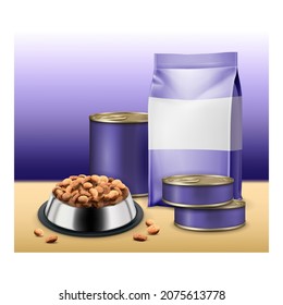 Pet Natural Food Creative Promotion Poster Vector. Dry Pet Nutrition In Metallic Dishware, Blank Jar And Bag For Feeding Domestic Animal Advertising Banner. Style Concept Template Illustration