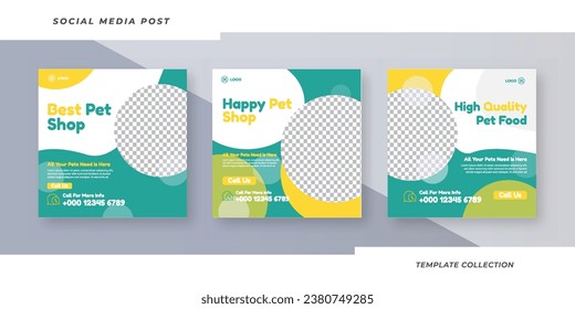 Pet need service square, background of best pet shop, animal care promotion banner social media pack template premium vector