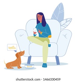 Pet Neglect, Irresponsible Behaviour Illustration. Busy Dachshund Owner Sitting in Armchair Cartoon Character. Young Woman Holding Smartphone. Hungry Dog with Empty Bowl. Girl Forgot to Feed Dog