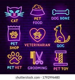 Pet Neon Label Set. Vector Illustration of Vet Promotion.