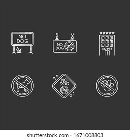 Pet not allowed emblems chalk white icons set on black background. Four-legged friends banned territories, domestic animals welcome public places. Isolated vector chalkboard illustrations