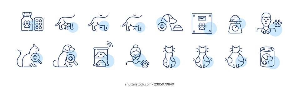 Pet obesity criteria. Veterinary healthcare, special weight loss food. Pixel perfect, editable stroke icons set