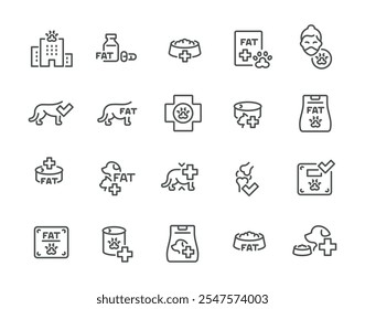 Pet obesity fat dog cat veterinary line art icon set vector illustration. Treatment clinic vet medical help high weight feeding and vitamins. Domestic animal healthcare overweight and nourishment