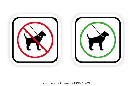 Pet On Leash Walk Zone Forbidden Pictogram. Ban Walking Dog Black Silhouette Icon. Allow Walk Animal Red Symbol. Permission To Stroll Pet Walking Area Green Circle Sign. Isolated Vector Illustration