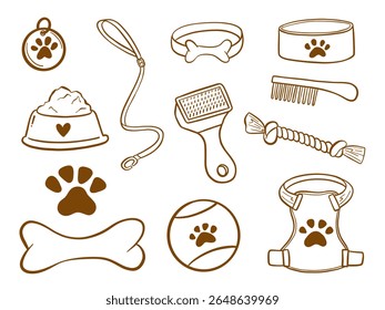 Pet Outline Food Toys And Accessories. A playful set of 12 pet outline icons including collars bowls paw prints leashes toys grooming tools and more in clean brown style. Perfect for pet themed design