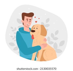Pet Owner abstract concept. Young man hugs his dog, loves her and takes care of her. Male character shows tenderness to puppy. Friendship between animal and person. Cartoon flat vector illustration