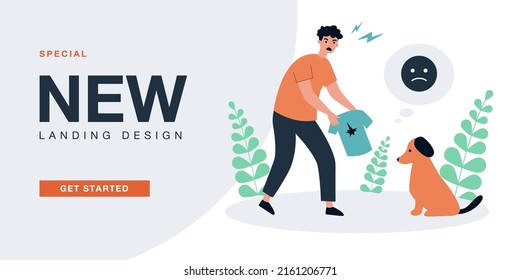 Pet owner angry at guilty dog for damaged clothes. Man scolding puppy for destroying shirt flat vector illustration. Bad behavior of naughty dog concept for banner, website design or landing web page