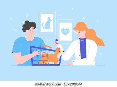 The pet owner brought his cute Welsh Corgi to the vet's appointment. A nice girl doctor  veterinarian conducts diagnostics in her office. Vector flat illustration.