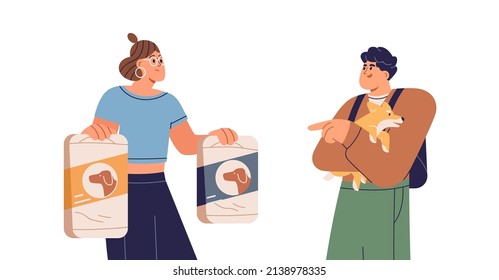 Pet owner buying, choosing canine feed. Buyer making purchase, doggy supplies. Vendor, seller sells animals goods, food to customer in zoo store. Flat vector illustration isolated on white background