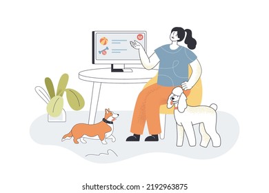 Pet owner buying food and toys for own dogs in online store. Woman sitting at computer flat vector illustration. Shopping, veterinary, petshop concept for banner, website design or landing web page