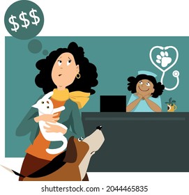 Pet Owner With A Cat And A Dog Concerned About High Vet Bill In The Veterinarian Clinic, EPS 8 Vector Illustration