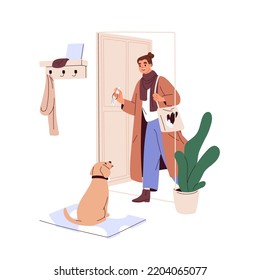 Pet owner coming home, opening door. Dog meeting returning woman at house enter. Doggy greeting person, sitting on entry mat. Solo lifestyle. Flat vector illustration isolated on white background