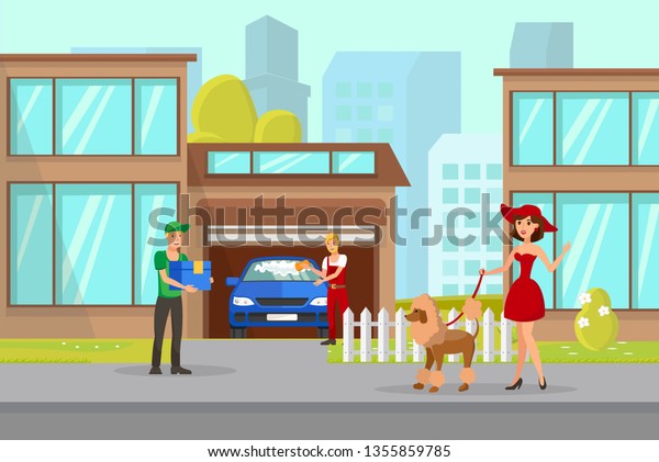 Pet\
Owner and Delivery Boy Vector Illustration. Consumer Services.\
Cartoon Pretty Lady Walking her Dog near Car Wash Service. Courier\
Holding Box. Young Boy Cleaning Automobile,\
Vehicle