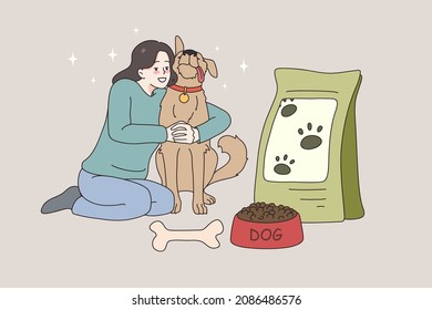 Pet owner and dog food concept. Smiling woman sitting hugging her dog feeding him with dry food and treating with bone vector illustration 