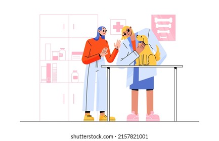 Pet owner with dog visit veterinary clinic. Vector flat illustration of woman veterinarian, girl owner and cute puppy on table. Domestic animals health care concept