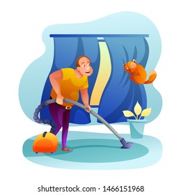 Pet owner doing housework flat vector illustration. Guy cleaning apartment cartoon character. Man with vacuum cleaner scared domestic animal. Little ginger cat afraid of hoover hanging on curtains