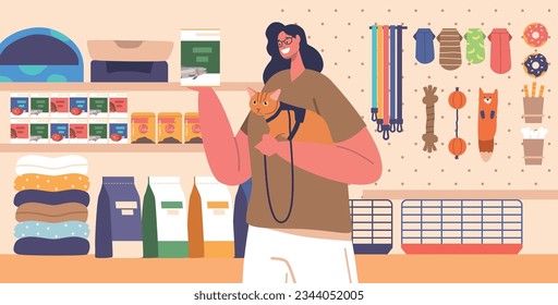 Pet Owner Female Character Browsing Shelves, Selecting Food For Cat In A Bustling Pet Store. Gentle Purrs Fill The Air