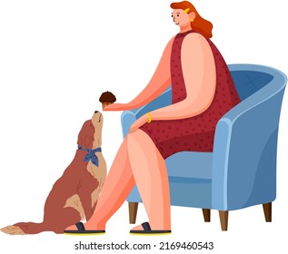 Pet owner female character plays with cute dog feed him cake at home. Caring for four-footed friend cute corgi. Doggy and happy woman friends isolated on white. Fun domestic animal, human companion